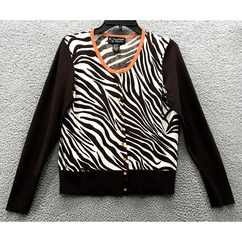Russell Scott Women's Long Sleeve Cardigan Sweater Brown Zebra Stripe Size L